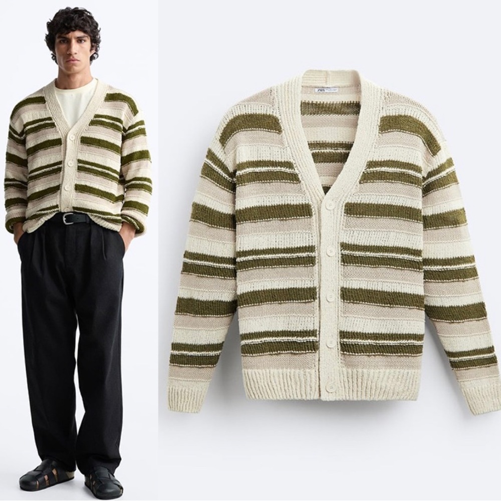 Zara Olive Green and Cream Striped Knit Cardigan